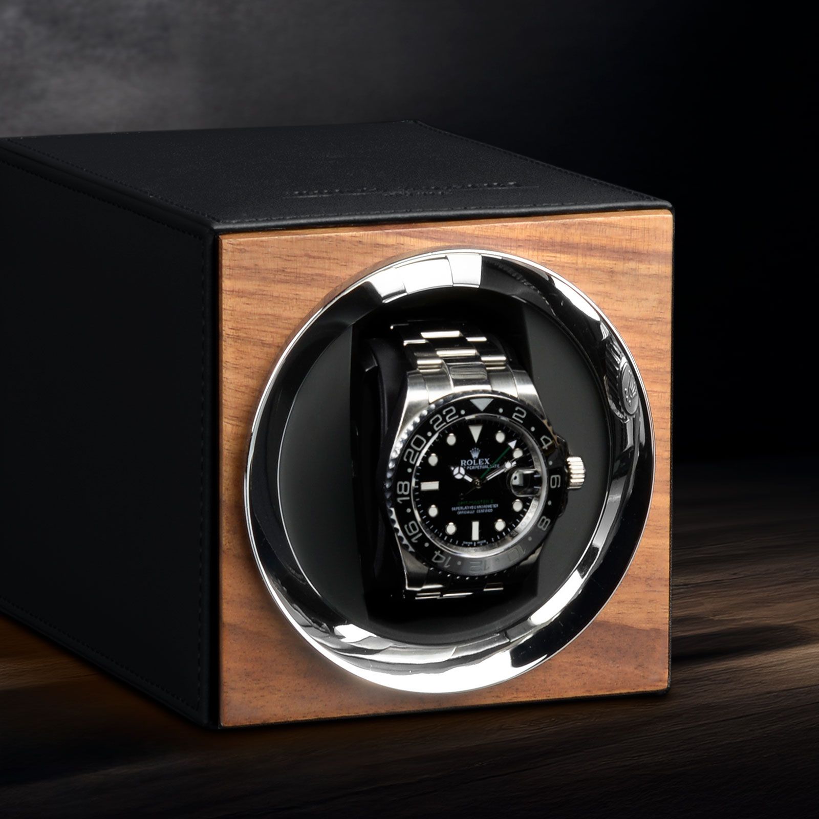 Heisse & Söhne Watch Winder Moon – Black Leather American Walnut Silk Matt