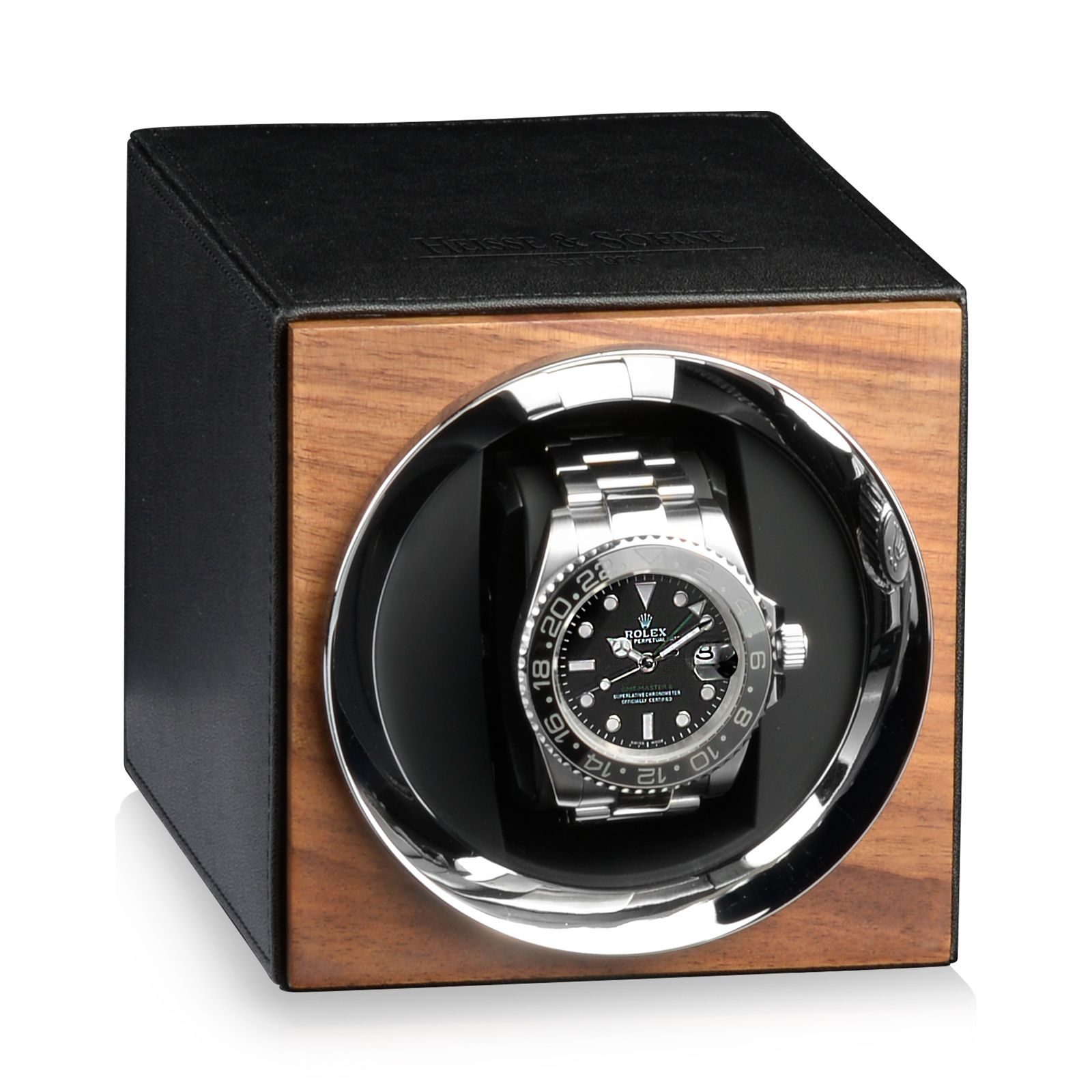 Heisse & Söhne Watch Winder Moon - Black Leather American Walnut Silk Matt