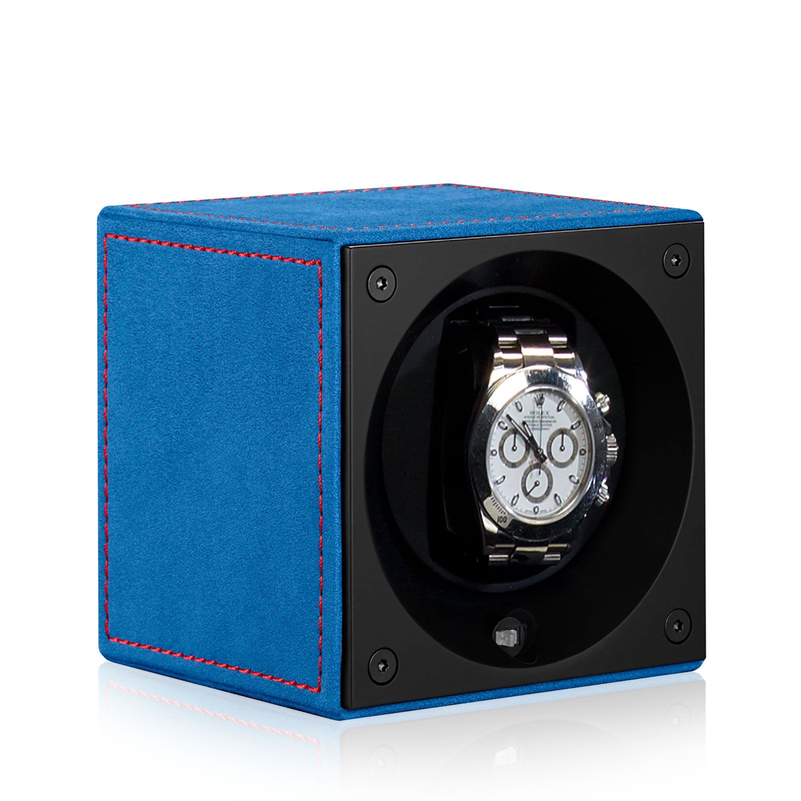 Swiss Kubik Watch Winder Masterbox Velour Passion - Blue / Red Topstitching
